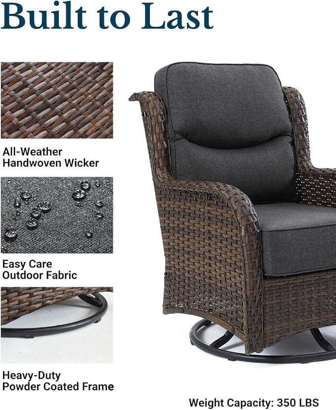 HILLGA Luxury 5PCS Outdoor Swivel Rocker Patio Chairs of 2 with 6 Inch Thick Cushions and Side Table, All Weather Outdoor Chairs High Back Wicker Patio Furniture Set for Porch and Deck, Grey