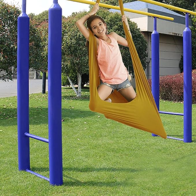Sensory Swing for adults Indoor kids Therapy Swing Soothing Calming Snuggle Hammock durable strong fabric swing Excellent stretchability Includes Hanging Hardware ( Color : Gold , Size : 1.5M x 2.8M )