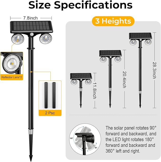 Solar Spot Lights Outdoor Waterproof 2Pack,2 Modes Motion Sensor Landscape Lighting for Outside Yard Garden Pathway,2-in-1 Wall&Spot LED Lights with 360° Adjustable Dual Heads(Warm Light)