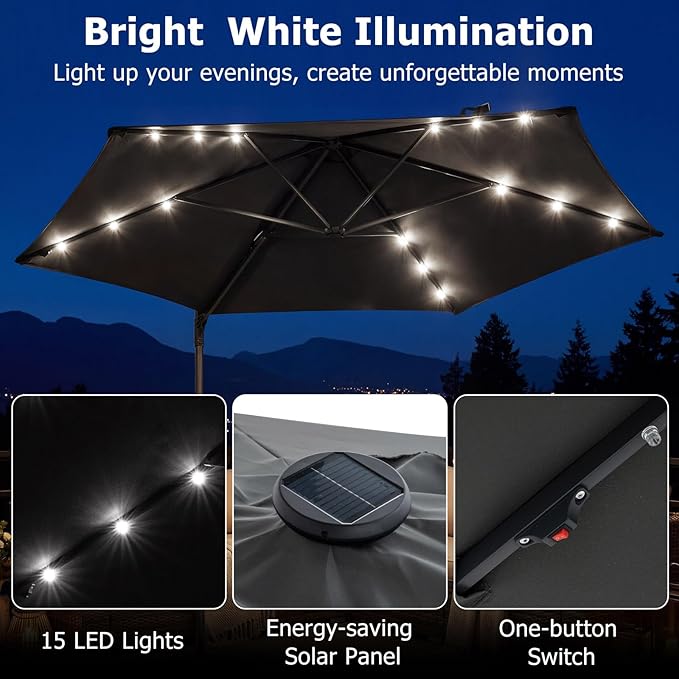 Tangkula 10ft Patio Umbrella with Solar Lights, Offset Cantilever Outdoor Umbrella with LED Lights, 360 Degree Rotation, Air Vent for Pool Deck Garden Backyard (Gray)