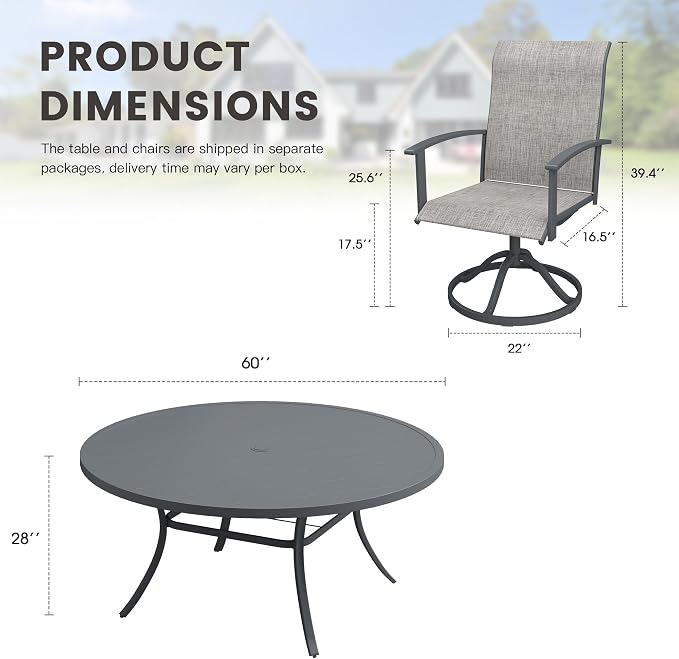 9 Pieces Round Patio Dining Set, Outdoor Furniture of 60" Round Patio Table and Patio Swivel Chairs for Backyard Lawn Garden, Dark Grey Table and Grey Chairs
