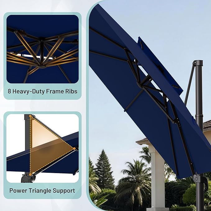 AreShark 10×10FT Double-Top Cantilever Patio Umbrella, Square Offset Umbrella with 360 Degree Rotation, Heavy Duty Patio Umbrella for Garden Deck Pool, 5 Tilt Angles, Navy