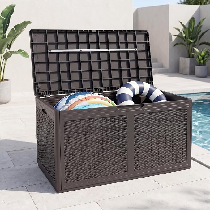 HAPPYGRILL 100 Gallon Resin Deck Box Outdoor Waterproof Storage with Lockable Lid, Rattan Texture Storage Container with Wheels for Pool Accessories, Garden Tool, Patio Furniture Cushion (Brown)