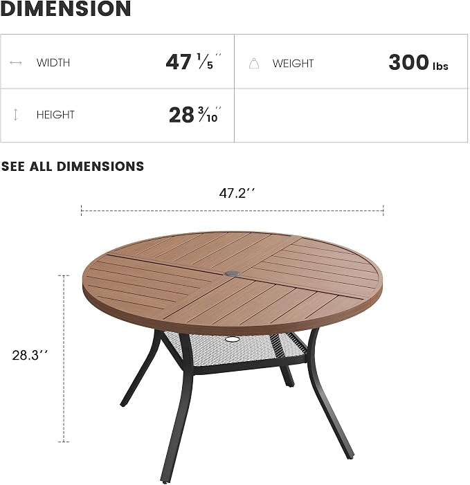 Patio Dining Table for 4-6, Round Metal Outdoor Table with Storage Shelf, 1.57" Umbrella Hole, 47" Outdoor Quartered Tabletop Dining Table for Backyard, Porch, Lawn, Walnut