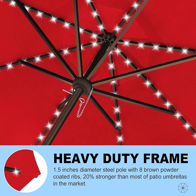 Eurmax USA 10-Year-Non-Fading 10FT Outdoor Patio Market Umbrella with LED Lights,UPF50+ UV Resistant,Heavy Duty Commercial Grade,Crank Lift Design,Windproof Vented Top for Garden,Pool,Deck,Logo Red