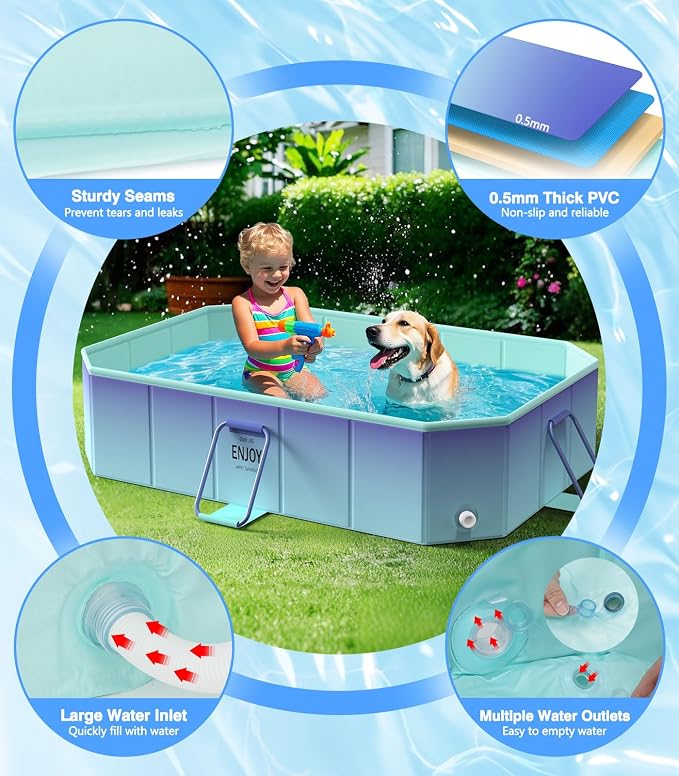 MoKo Foldable Pool, Portable Above Ground Non-Inflatable Swimming Pool for Adults & Kids, Outdoor Portable Kiddie Pools for Garden Backyard Dogs, 59" x 45" x 17", Glacial Blue