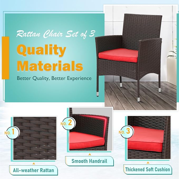 PayLessHere Set of 3 Outdoor Furniture Set Patio Furniture Set Brown Conversation Set with 2 Rattan Chairs Glass Coffee Table for Coffee Bar Poolside Patio Outdoor, Red Cushions