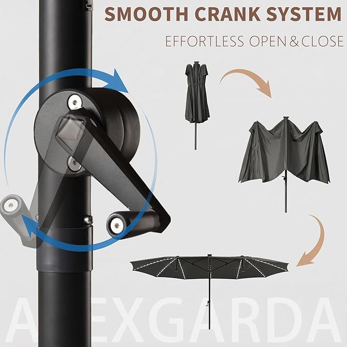 15FT Large Double Sided Patio Umbrella, Fade Resistant Outdoor Umbrellas with Fiberglass Ribs, Solar Panel, LED Lights & USB Charging, Rectangular Market Umbrella with Aluminum Crank for Poolside, Deck, Patio, BBQ, Garden, Dark Gray