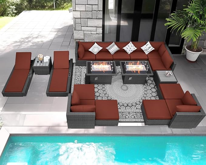 NICESOUL 18 Piece Extra Large Luxury Patio Furniture Set with Firepit, Outdoor Sectional w/Chaise Lounge, Comfy 29.3" High Back Couch Deep Seat, All-Weather Wicker Conversation Set, Gray & Red