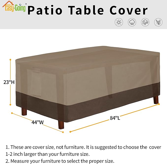 Easy-Going 600D Heavy Duty Rectangular Table Cover UV Resistant and Waterproof Outdoor Lawn Patio Furniture Cover (84" Lx44 Wx23 H, Camel/Dark Brown)