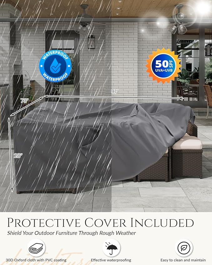U-MAX 7 Pieces Patio Furniture Set with Waterproof Cover, Outdoor Sectional Sofa Conversation Set, All Weather Wicker Rattan Dining Table & Chair with Ottoman, Brown Rattan&Khaki Cushion