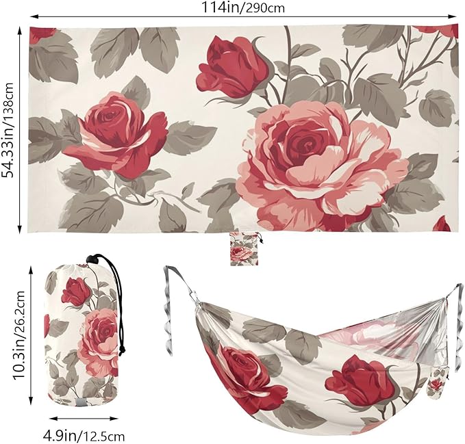 Blush and Crimson Roses Camping Hammocks Rope Hammock for Patio Backyard Lounge Base
