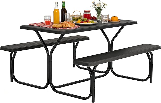 COSTWAY Outdoor Picnic Table, HDPE Plastic Picnic Table Bench Set with Weather Resistant Tabletop & Wood Texture, Ideal for Patio, Backyard (59" D x 54" W x 28.5" H,Black)