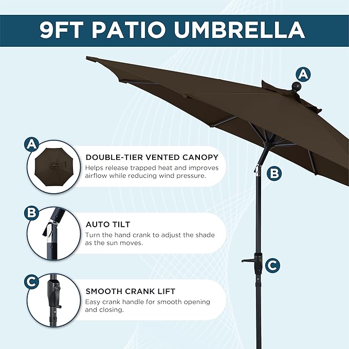 9FT Outdoor Patio Umbrella with Crank Lift & Auto Tilt - Market Umbrella, 8 Heavy-Duty Ribs, UV Resistant & Water-Repellent for Garden, Deck, Poolside & Backyard