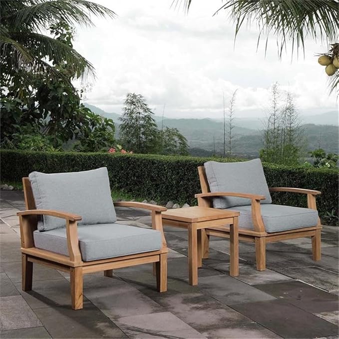 Pemberly Row Modern Teak Wood 3-Piece Patio Conversation Set, Natural/Gray Finish, Includes Table and 2 Chairs, Water & UV Resistant Cushions, Machine Washable Covers, Durable Outdoor Furniture