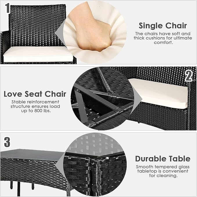 HAPPYGRILL 8 Pieces Patio Furniture Set Rattan Wicker Conversation Set with Tempered Glass Top Table, Outdoor Wicker Sofa Set with Removable Cushions for Poolside Garden Backyard