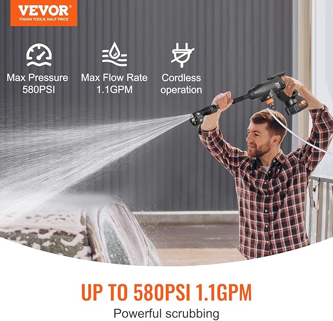 VEVOR Cordless Pressure Washer, 580-PSI 1.1 GPM Portable Power Cleaner, Handheld High-Pressure Car Washer Gun with 4.0Ah Battery, Charger, 6-in-1 Nozzle, for Home/Floor Cleaning & Watering