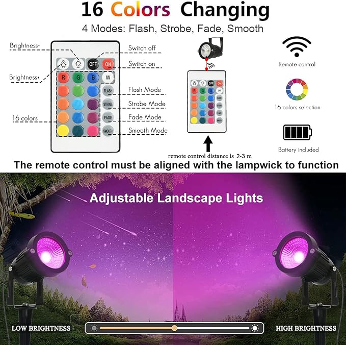 RGB Low Voltage Landscape Lights Color Changing 5W LED Landscape Lighting Outdoor Waterproof Remote Control for Garden Pathway Christmas Halloween Decorative Lighting, 2 Pack with Connector