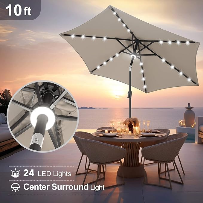 FLAME&SHADE 10ft Solar Outdoor Umbrella - 24 LED Lighted Patio Umbrella with Centre Surround Light, Table Umbrellas with Tilt & Crank for Pool, Porch, Garden, Deck, Backyard UV Protection (Taupe)