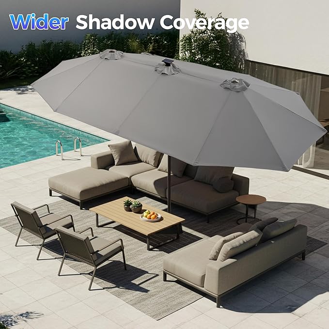 SUPERJARE 13ft Outdoor Patio Umbrella with Solar Lights, Double-sided Deck Pool Umbrella with 1.5 Inch Pole, Fade Resistant Canopy, 12 Sturdy Ribs, for Porch, Market, Backyard, Grey (No Base)