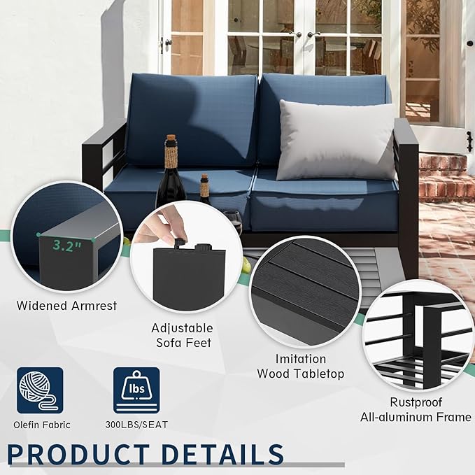 Amopatio Aluminum Patio Furniture Set, 7 Pieces Modern Patio Conversation Sets, Outdoor Sectional Metal Sofa with Coffee Table for Balcony, Garden, Dark Grey&Blue (Included Waterproof Covers)