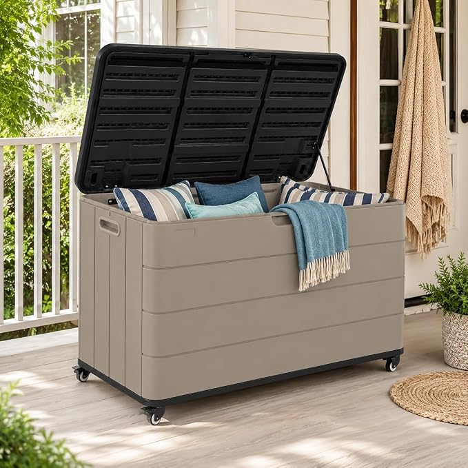 ADDOK 110 Gallon Outdoor Deck Box with Wheels, Large Waterproof HDPE Resin Storage Box with 2 Locking Casters, Lid Support Rod and Lockable Lid, Patio Cushion Storage Bench,Brown