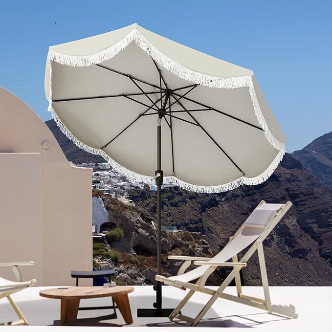 Tempera 9ft Auto Tilt Scalloped Patio Umbrellas with Fringe, Outdoor Table Umbrellas with Fade Resistant Canopy, 8 Sturdy Rids, Luxurious Vintage Umbrellas for Lawn, Pool, Deck, Balcony