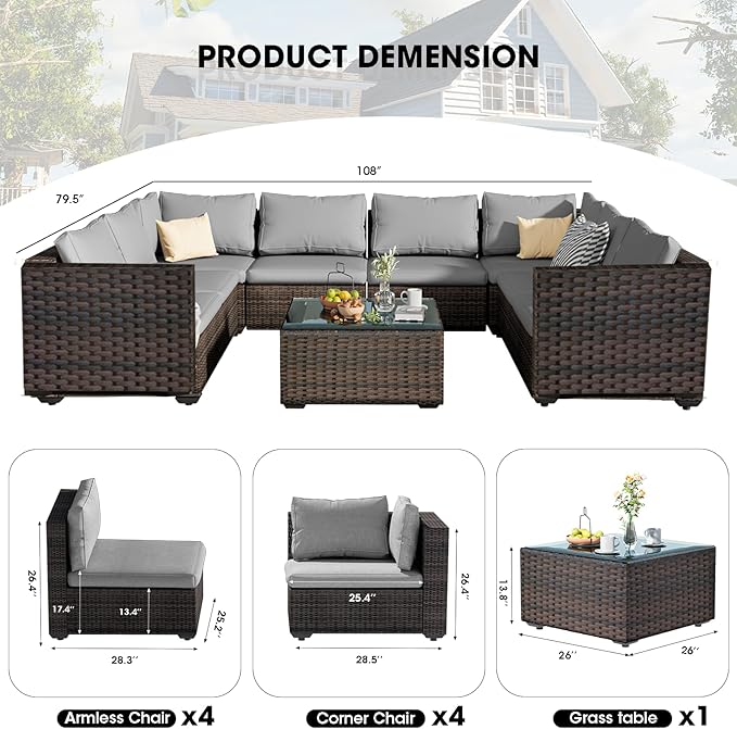 9 Piece Patio Furniture Set All Weather PE Rattan Outdoor Sectional Sofa Couch with No-Slip Cushions and Glass Top Table for Garden, Poolside, Backyard (Gray)