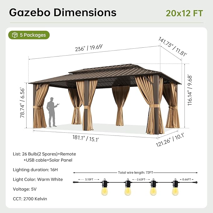 12x20FT Hardtop Gazebo with 72FT Solar String Lights, Metal Frame with Double Galvanized Steel Roof, Permanent Outdoor Pergola for Backyard, Patio, Lawn and Garden, Brown