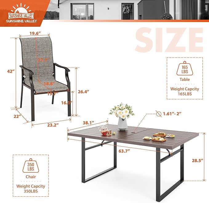 SUNSHINE VALLEY 7 Piece Patio Dining Sets for 6, Outdoor Table and Chairs Set with 1 Patio Dining Table(1.61"-2" Hole) and 6 High Back Patio Chairs, Outdoor Dining Sets for Deck Backyard