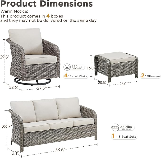 Belord 7 Pieces Patio Furniture Sets - High Back Outdoor Sectional Couch with Wicker Swivel Rocker Chairs, Rattan Ottomans with Side Table for Deck Garden Porch Balcony Grey/Beige