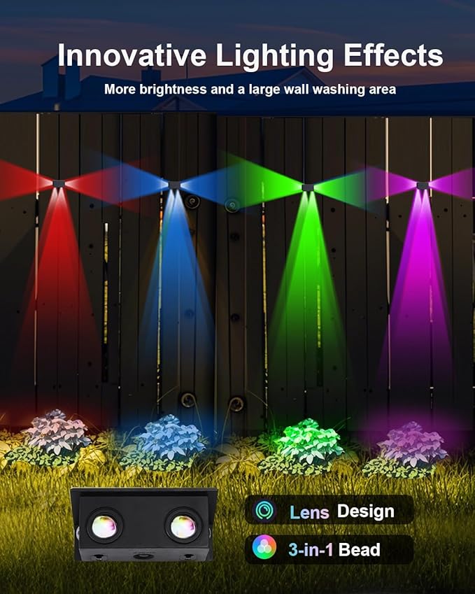 6 Pack Color Changing Solar Powered Fence Lights Outdoor Decorative LED Waterproof Yard Lamps for Outside Wall, Deck, House Patio, Rail, Stair, Yard, Pool, 7 Colorful Modes, Easy 1-Min Installation
