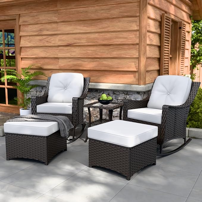 Stone Creek Outdoor Furniture Set with Rocking Chairs, Side Table & Ottomans, Wicker Patio Conversation Set, Balcony Furniture, 5 Piece, Brown/Beige