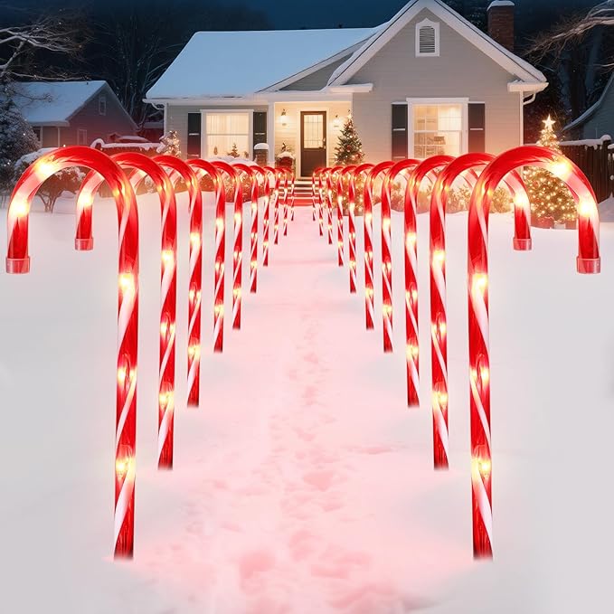 12Pack Christmas Decorations Candy Cane Lights,16" Lighted Pathway Makers Lights with 72 Warm Lights, Connectable Christmas Lights Outdoor Walkway Sidewalk Candy Canes Yard Lawn Decor