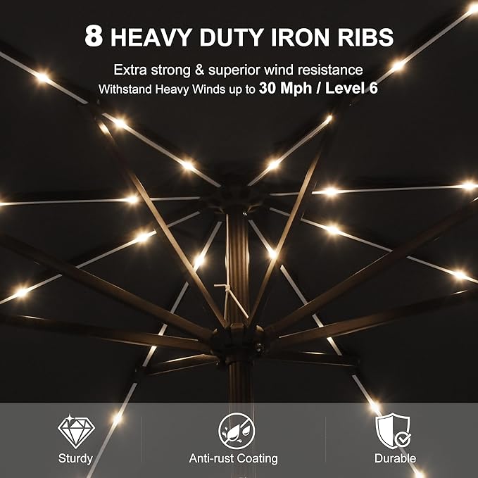 PURPLE LEAF 9' Round Patio Umbrella with Solar LED Outdoor Table Umbrella Aluminum Frame Market Umbrella with 8 Sturdy Ribs & Tilt for Garden Deck Lawn Pool Gray