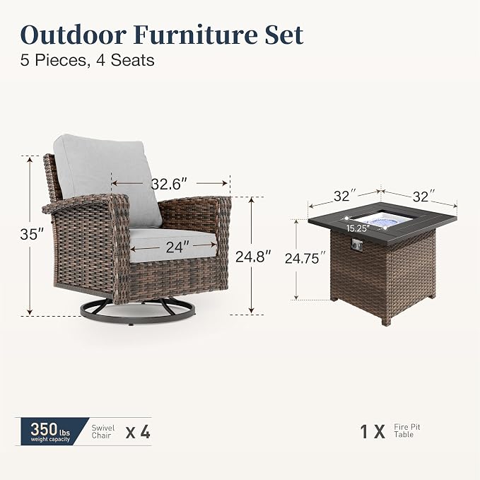 Patio Furniture Set with Swivel Chairs, High Back Wicker Rattan Furniture with 5.5" Thick Cushions & Fire Pit Table, All Weather Outdoor Conversation Set for Backyard Deck, 4 Seats, Grey