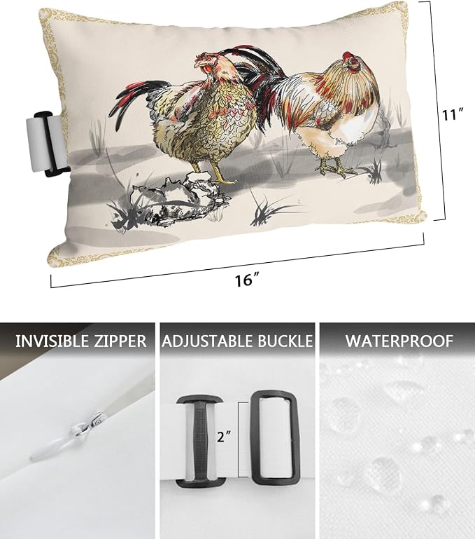 Outdoor Pillows Covers with Inserts Farmhouse Chicken Flower Ink Painting Beige Waterproof Recliner Pillow with Adjustable Strap Throw Pillows for Patio Furniture Pool Lounge Chair, 11x16 inch, 1PCS