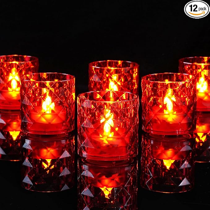 Homemory 2" x 2" Acrylic Votive Candle Holders with Auto Timer Flameless Led Tealight, Battery Powered Fake Electric Candles for Wedding Centerpiece, Table, Christmas Decor (12Pack, Red Base)