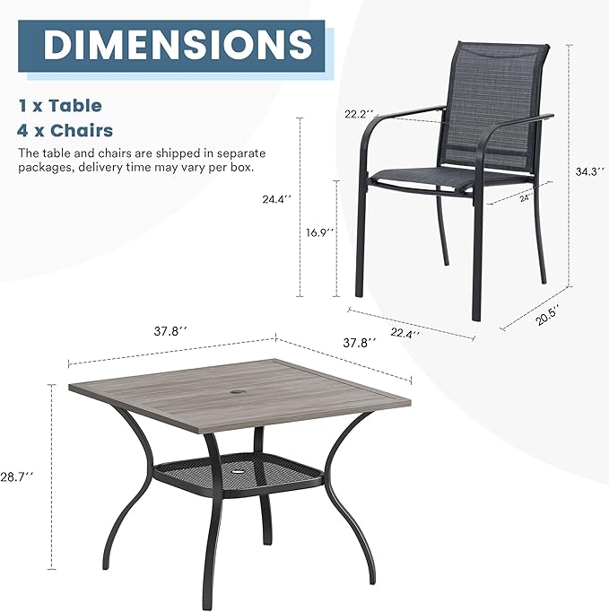 DIFY 5 Pieces Outdoor Dining Table Chair Set, Patio Dining Set with 1 Grey Wood-Like Square Curved Legs Table with and Umbrella Hole & 4 Grey Stackable with Armrests Chairs for Lawn, Garden, Porch