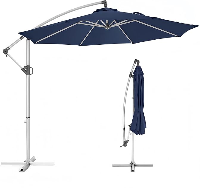 Fangflower 10FT Offset Patio Umbrella, Outdoor Umbrella with 8 Sturdy Ribs, Easy Tilt Adjustment, UPF50+ UV Protection Sun Umbrella for Pool, Porch, Garden, Backyard - Blue