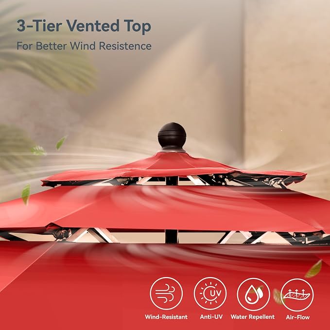 PHI VILLA Outdoor Round Table Set w/Umbrella, Patio Metal Furniture for 4 | 42" wrought iron table & swivel chairs. 10ft red umbrella. 5pc dining set for deck, porch, backyard.