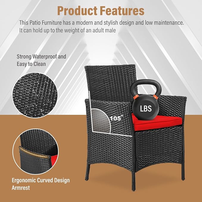 NChanmar Patio Furniture Set, 4 Pieces Outdoor Furniture Rattan Chair, Patio Table and Chairs Set, Wicker Sofa for Yard,Pool and Backyard, Red