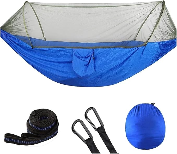 Hammock Camping Hammock with Mosquito Net Pop-Up Light Portable Outdoor Parachute Hammocks Swing Sleeping Hammock Camping Stuff Quick-Opening(Blue)