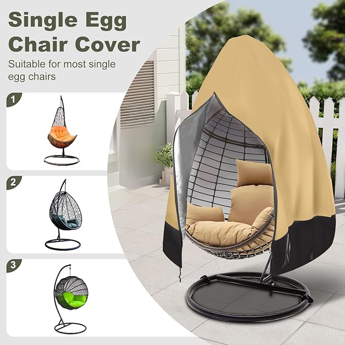 Patio Egg Chair Cover with Zipper,Outdoor Hanging Egg Chair Cover,UV Resistant,Windproof Heavy Duty,Wicker Egg Swing Chair Covers, Universal Fit Patio Hanging Chair Protector,Khaki