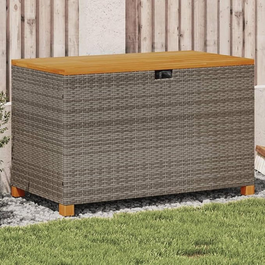 Outdoor Storage Box Patio Deck Box 43.3 Inch PE Rattan Acacia Wood Gray Garden Storage Bench with Water-Resistant Bag and Gas Spring for Pool Toys Cushions Pillows