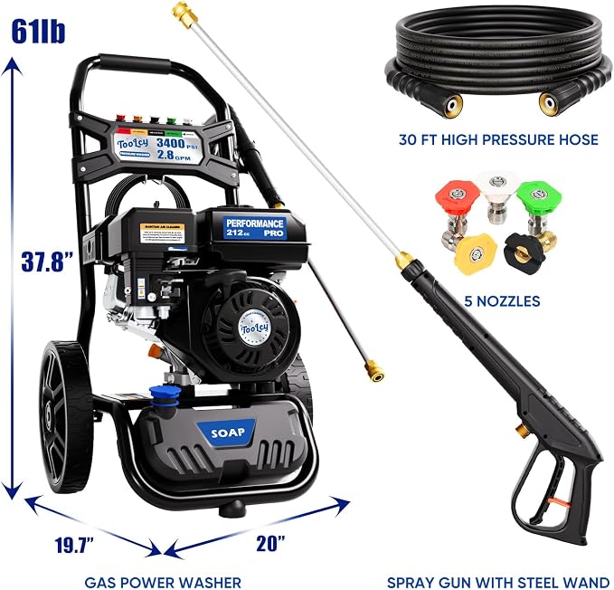 TOOLCY 3400 PSI Gas Pressure Washer, 2.8 GPM Gas Power Washer with 212cc OHV Engine, 30 FT Pressure Hose, Axial Cam Pump, Spray Gun with Extension Wand for Driveways, Patios Outdoor Cleaning