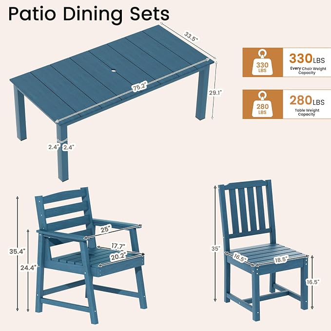 LOUNZY 5 Piece HDPE Outdoor Table and Chairs Set for 4, Heavy Duty,Navy | 4 person HDPE outdoor table and chairs set, wood-look, 304 stainless steel hardware, strong and stable for daily patio