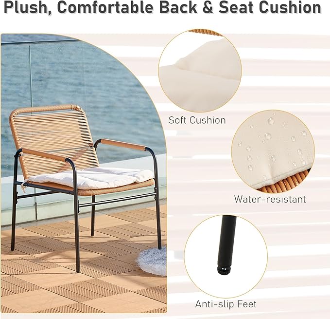 3-Piece Outdoor Wicker Patio Bistro Set, All-Weather Rattan Conversation Set, Patio Furniture Set with with Table & Cushions for Deck, Balcony, Poolside, Porch and Yard, Beige