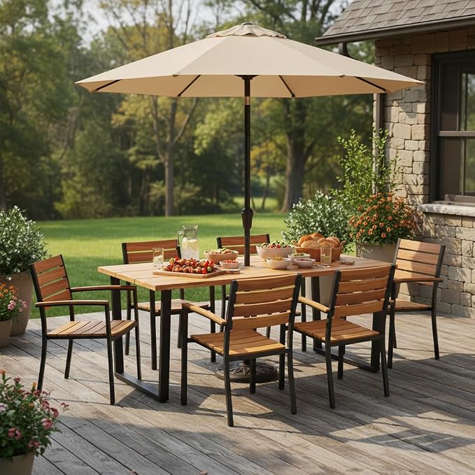Tangkula 69-Inch Acacia Wood Patio Dining Table for 6, Rectangle Outdoor Table with 2" Umbrella Hole & Metal Legs, 6-Person Indoor Outdoor Table for Dining Room, Backyard, Garden, Lawn, Yard