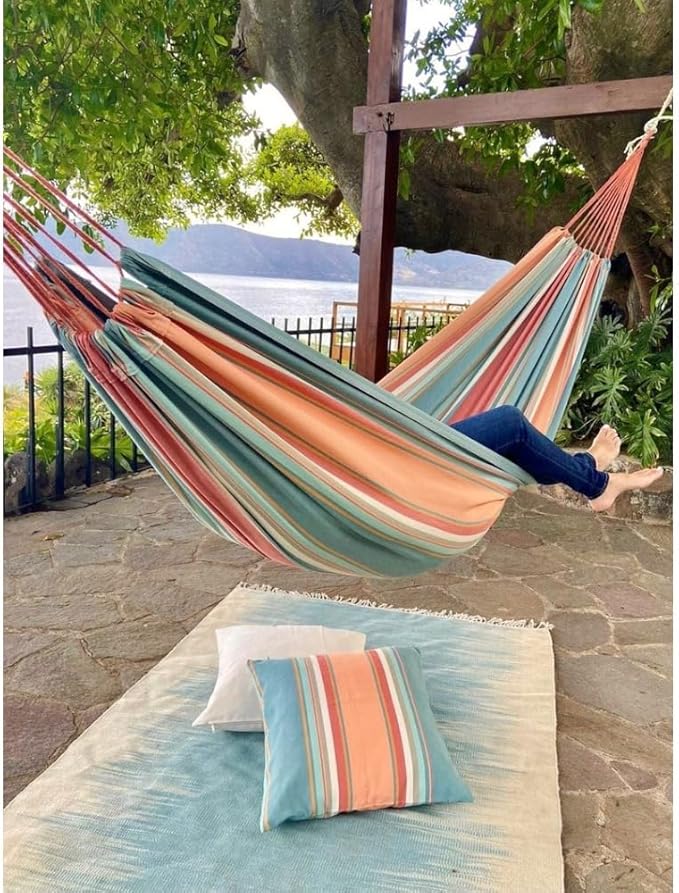 Colorful Striped Cotton Hammock, Soft Pink Boho Hammock for Patio Porch, 100% Cotton Canvas Indoor Outdoor Hanging Bed with 250 lbs Capacity